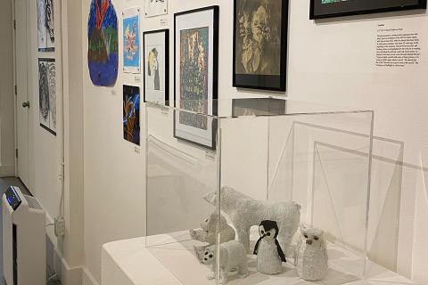 一个画廊的墙壁，有绘画和素描，一些框架，一些与地球磁铁连接，在一个画廊的墙壁风格。墙前的底座上有北极熊、企鹅和猫头鹰的雕塑。